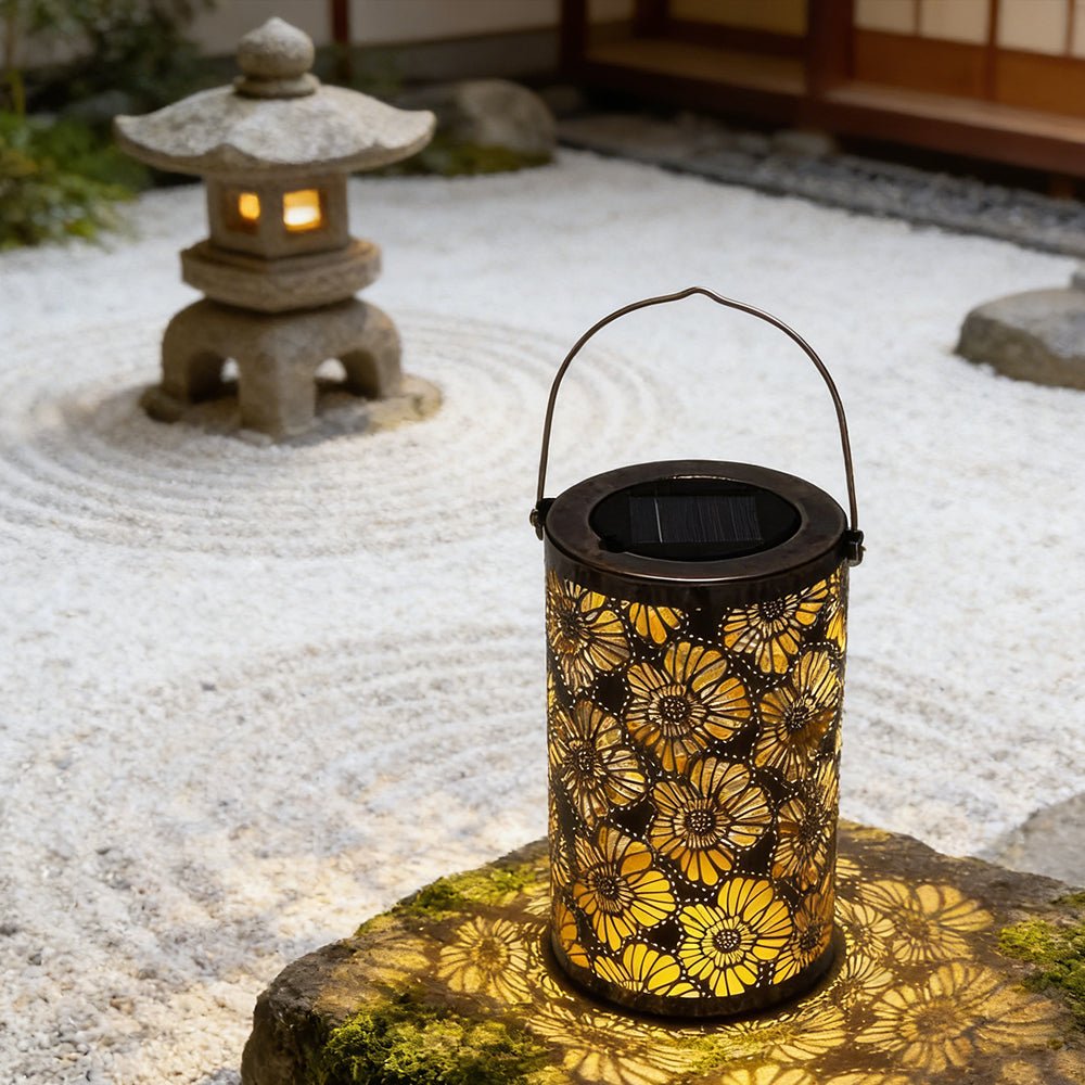 Decorative Metal Garden Lantern Solar LED Hanging Outdoor Light Waterproof Tree Pattern 4-8 Inches Round for Patio Pathway Pergola Tabletop