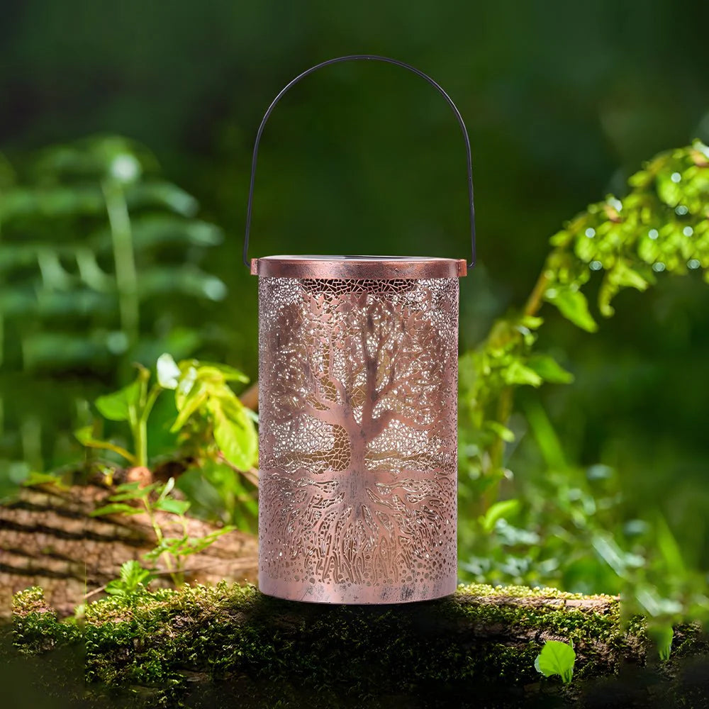 Decorative Metal Garden Lantern Solar LED Hanging Outdoor Light Waterproof Tree Pattern 4-8 Inches Round for Patio Pathway Pergola Tabletop