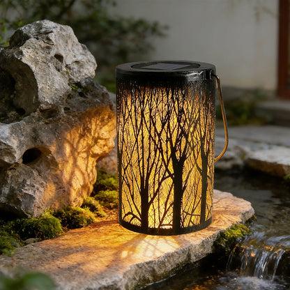 Decorative Metal Garden Lantern Solar LED Hanging Outdoor Light Waterproof Tree Pattern 4-8 Inches Round for Patio Pathway Pergola Tabletop
