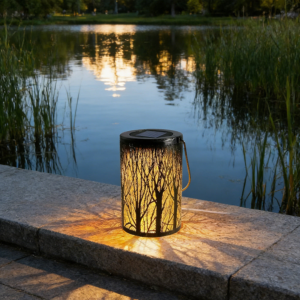 Decorative Metal Garden Lantern Solar LED Hanging Outdoor Light Waterproof Tree Pattern 4-8 Inches Round for Patio Pathway Pergola Tabletop