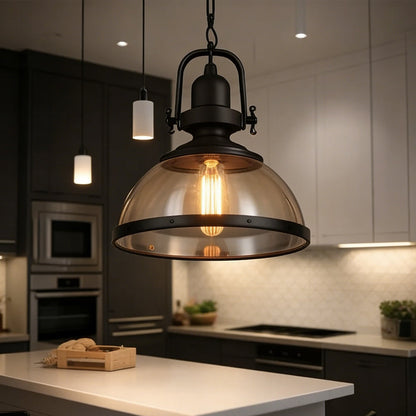 Iron & Glass Dome Hanging Fixture – 12 inch Shade, Adjustable Chain for Kitchen Island, Dining Table & Bedroom – Matte Finish Statement Piec