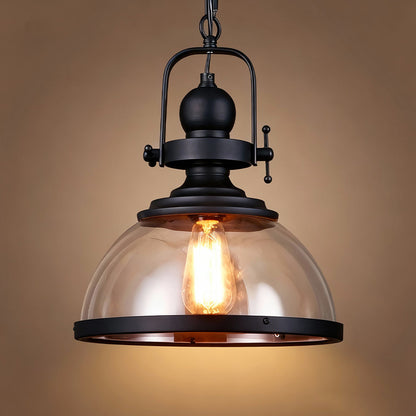 Iron & Glass Dome Hanging Fixture – 12 inch Shade, Adjustable Chain for Kitchen Island, Dining Table & Bedroom – Matte Finish Statement Piec