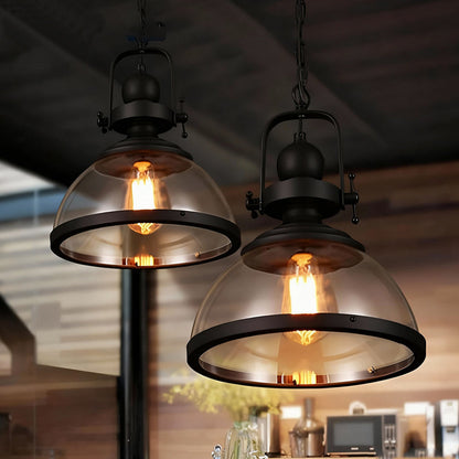 Glass Shade Hanging Fixture with Iron Frame in Black for Dining Rooms, Kitchens, Bedrooms – Adjustable Chain Mount, E26 Socket, 12 in Diamet