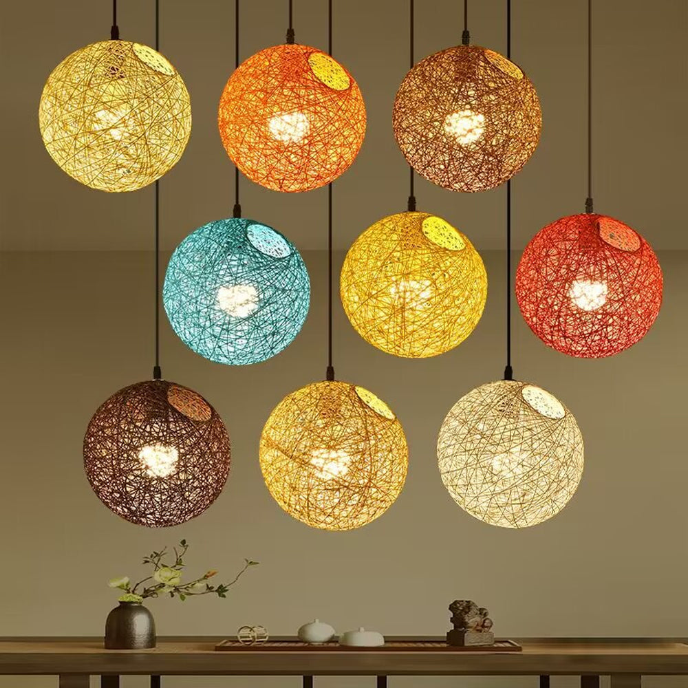 Woven Sphere Ceiling Light for Dining Rooms & Living Spaces – Handcrafted Natural Fiber Hanging Fixture with Warm Filtered Glow