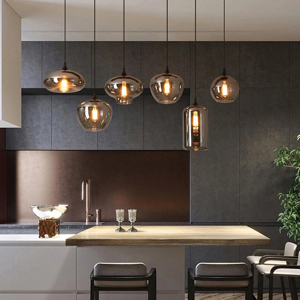 Glass Shade Hanging Fixture Adjustable Height for Kitchen Island, Dining Table & Entryway - Black Metal Frame Ceiling Lamp with Ambient Glow