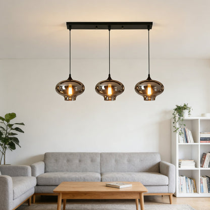 Glass Shade Hanging Fixture Adjustable Height for Kitchen Island, Dining Table & Entryway - Black Metal Frame Ceiling Lamp with Ambient Glow