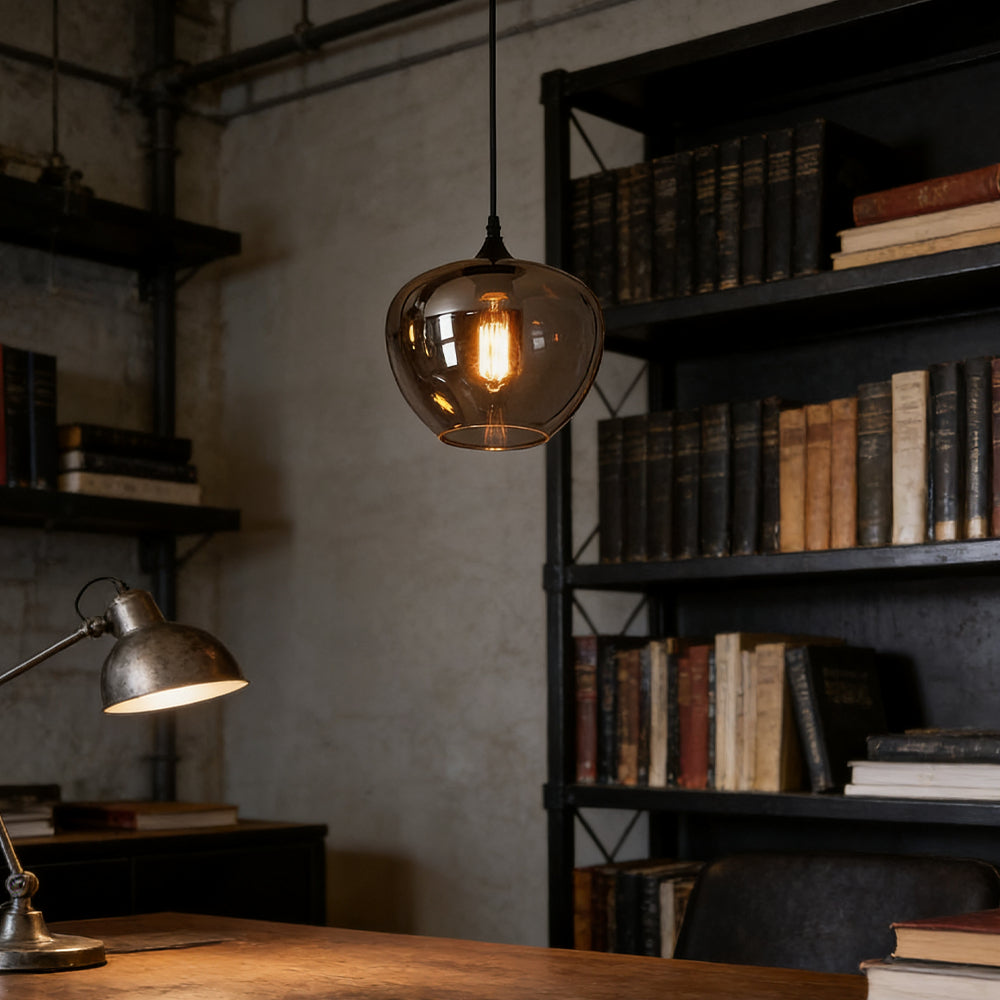 Glass Shade Hanging Fixture Adjustable Height for Kitchen Island, Dining Table & Entryway - Black Metal Frame Ceiling Lamp with Ambient Glow