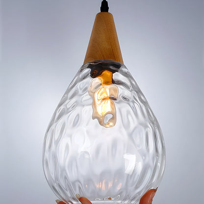 Handcrafted Glass Hanging Light Fixture with Natural Wood Trim 12 Inch Height E26 Socket for Kitchen Dining Room Bedroom Hallway Warm White