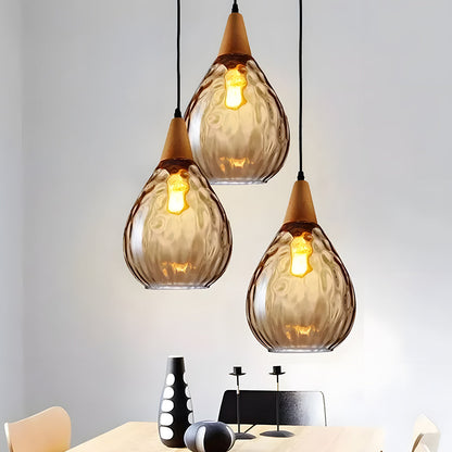 Handcrafted Glass Hanging Light Fixture with Natural Wood Trim 12 Inch Height E26 Socket for Kitchen Dining Room Bedroom Hallway Warm White