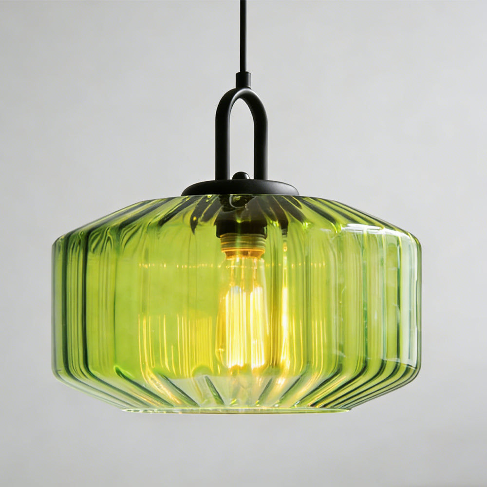 Suspension artisanale en verre en forme de goutte, abat-jour rayé vert de 28 cm pour tables de salle à manger et îlots de cuisine, luminaire suspendu compact, éclairage LED d'ambiance