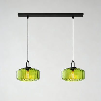 Suspension artisanale en verre en forme de goutte, abat-jour rayé vert de 28 cm pour tables de salle à manger et îlots de cuisine, luminaire suspendu compact, éclairage LED d'ambiance