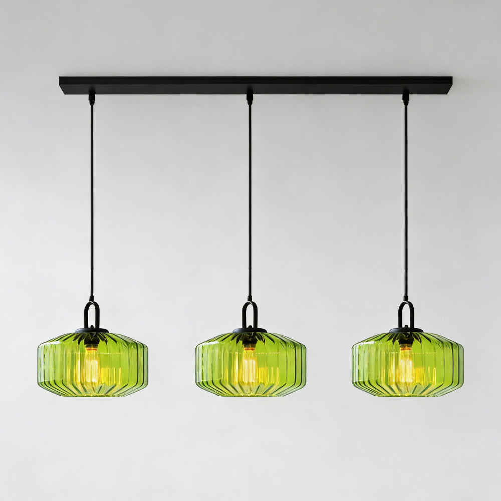 Suspension artisanale en verre en forme de goutte, abat-jour rayé vert de 28 cm pour tables de salle à manger et îlots de cuisine, luminaire suspendu compact, éclairage LED d'ambiance