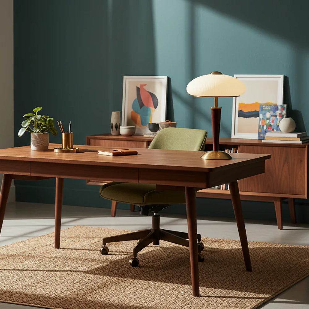Fluted Metal & Wood Desk Lamp with Warm LED Light for Nightstand, Office & Living Room | Reading Light | Mid-Century Modern