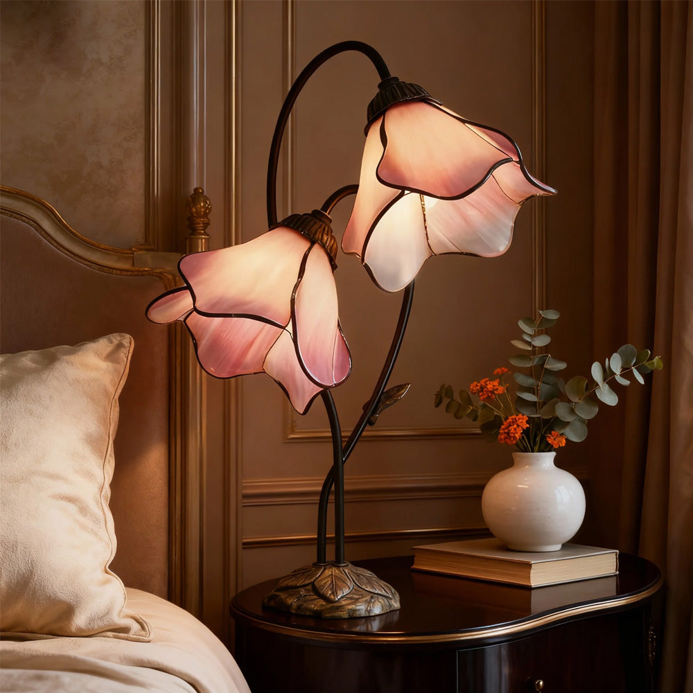 Dual-Shade Glass Flower Desk Lamp 22 in Tall with Resin Base for Bedside Reading Light Vintage Inspired Metal Accent Lighting for Home Offic