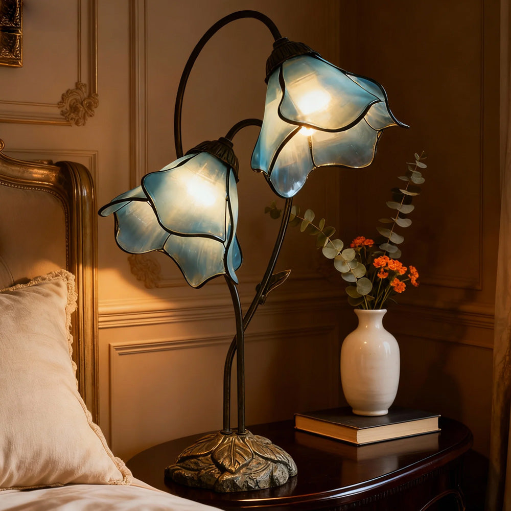Dual-Shade Glass Flower Desk Lamp 22 in Tall with Resin Base for Bedside Reading Light Vintage Inspired Metal Accent Lighting for Home Offic