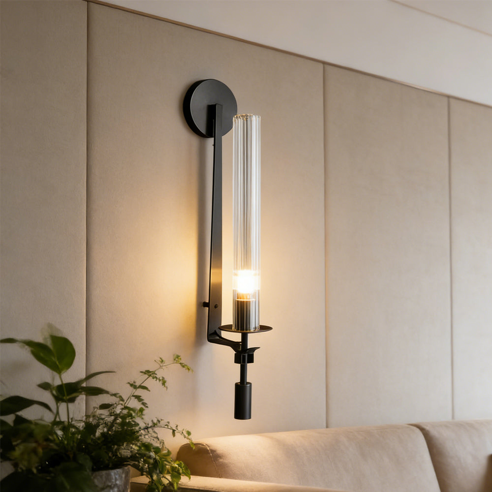 Metal Sconce with Ribbed Glass Shades for Bedroom & Dining Room | Candlelit Glow Effect 28 Inches Tall | E26 Socket Wall Mount Fixture for L