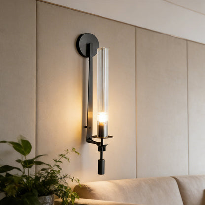 Metal Sconce with Ribbed Glass Shades for Bedroom & Dining Room | Candlelit Glow Effect 28 Inches Tall | E26 Socket Wall Mount Fixture for L