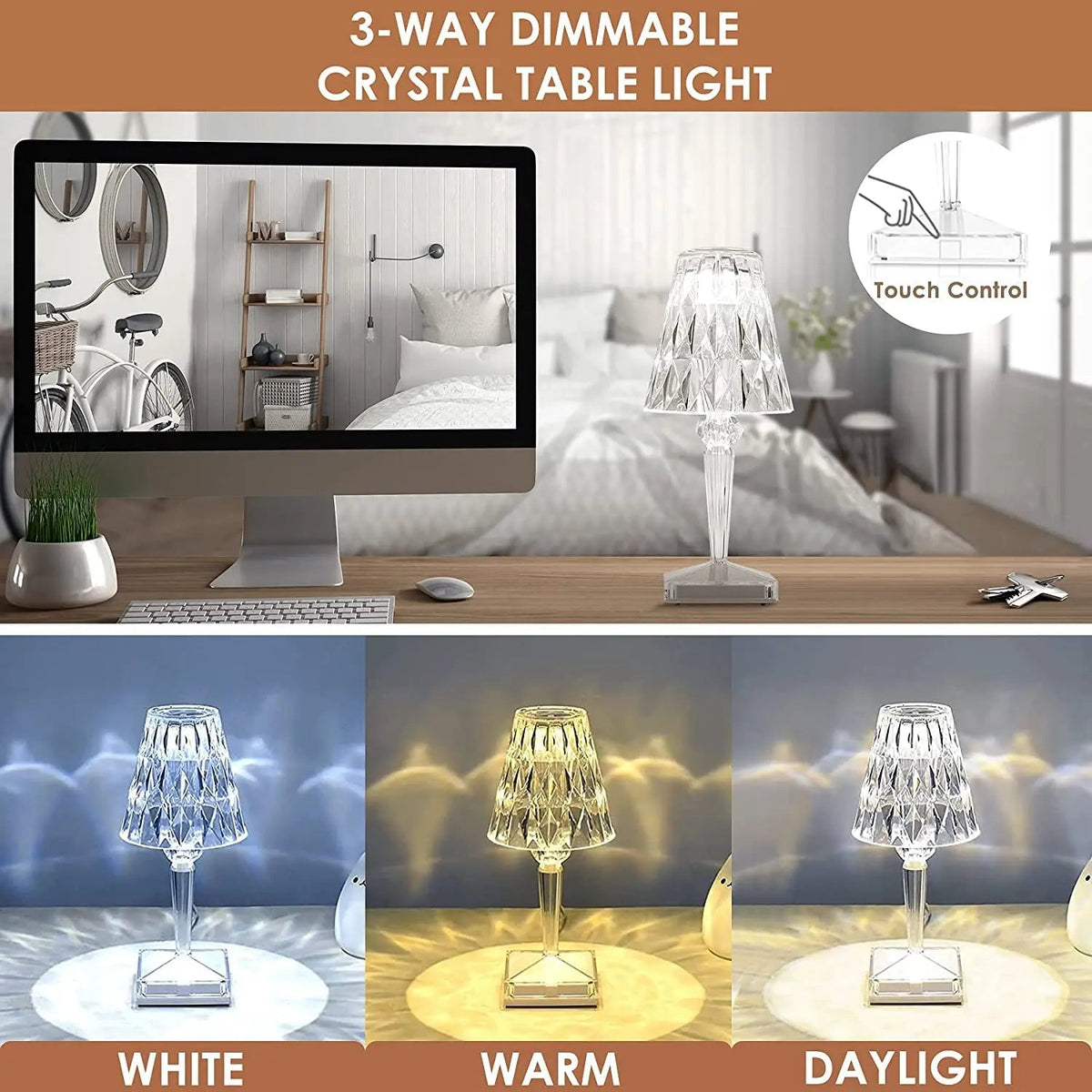 Lampe de table LED en cristal sans fil avec commande tactile et batterie rechargeable pour éclairage d'ambiance de chambre, table de chevet, bureau et salon