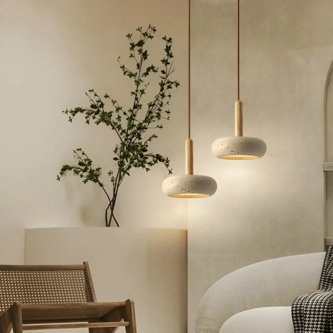 Japanese-Inspired Stone & Wood Pendant Light with Adjustable Cord – Natural Cave Stone Ceiling Fixture for Living Room, Bedroom, Dining
