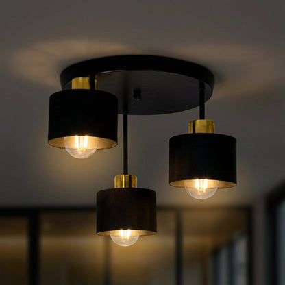 Three-Light Flush Mount Fixture Steel 12-Inch Black Gold Ceiling Lamp E27 for Dining Room Bedroom Hallway Modern Industrial Home Lighting