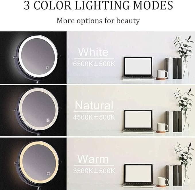 Illuminated Magnifying Vanity Mirror 8-Inch Round Wall-Mount Rechargeable USB Touch-Dimming Cosmetic Grooming Mirror for Bathroom Makeup Ski