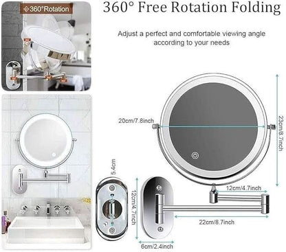 Illuminated Magnifying Vanity Mirror 8-Inch Round Wall-Mount Rechargeable USB Touch-Dimming Cosmetic Grooming Mirror for Bathroom Makeup Ski