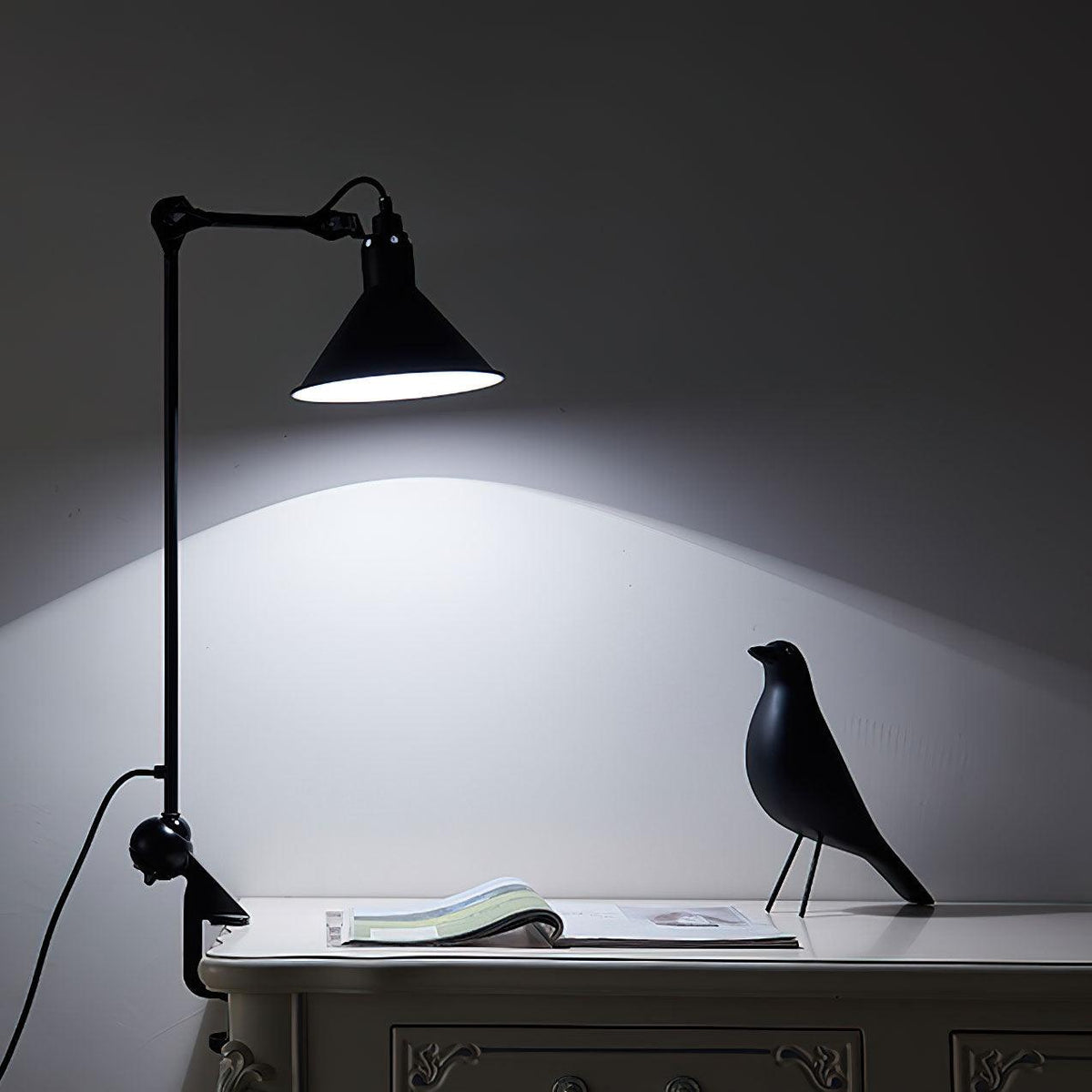 Clamp-On Task Light with Pivoting Arm Iron Construction Metal Shade Reading Light for Home Office Study Workspace Bedside Black Finish