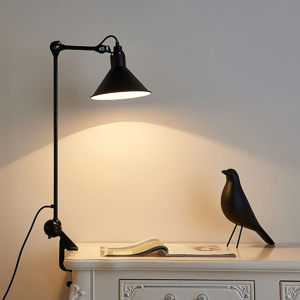 Clamp-On Task Light with Pivoting Arm Iron Construction Metal Shade Reading Light for Home Office Study Workspace Bedside Black Finish