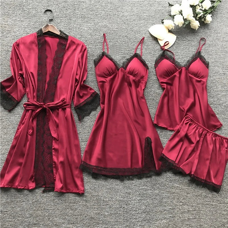 Women's Satin Pajama Set 4-Piece Robe Cami Shorts & Pants with Lace Trim for Bedroom Loungewear Sleepwear Nightwear Gift