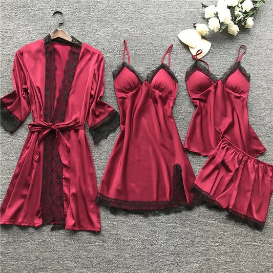 Ensemble pyjama en satin 4 pièces pour femme : peignoir, caraco, short et pantalon avec bordure en dentelle, idéal pour la chambre, la détente, le sommeil ou comme cadeau