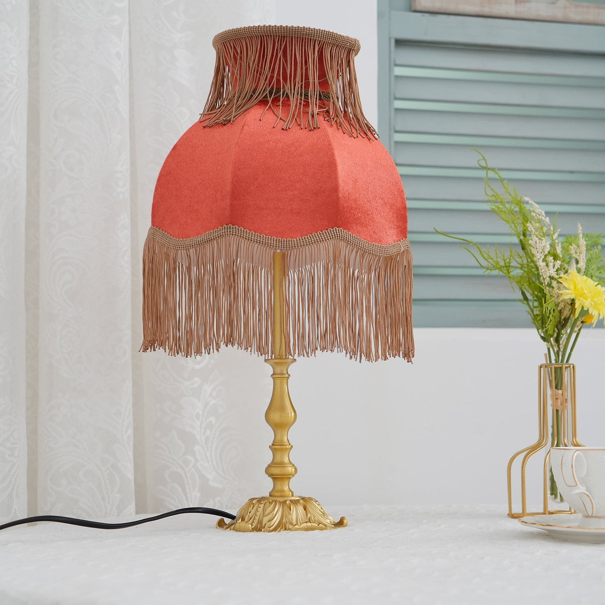 Bedside Lamp with Red Fabric Shade & Brass Base – Warm Ambient Light for Nightstand, Desk & Living Room – E26 Socket – 9.4 in Diameter