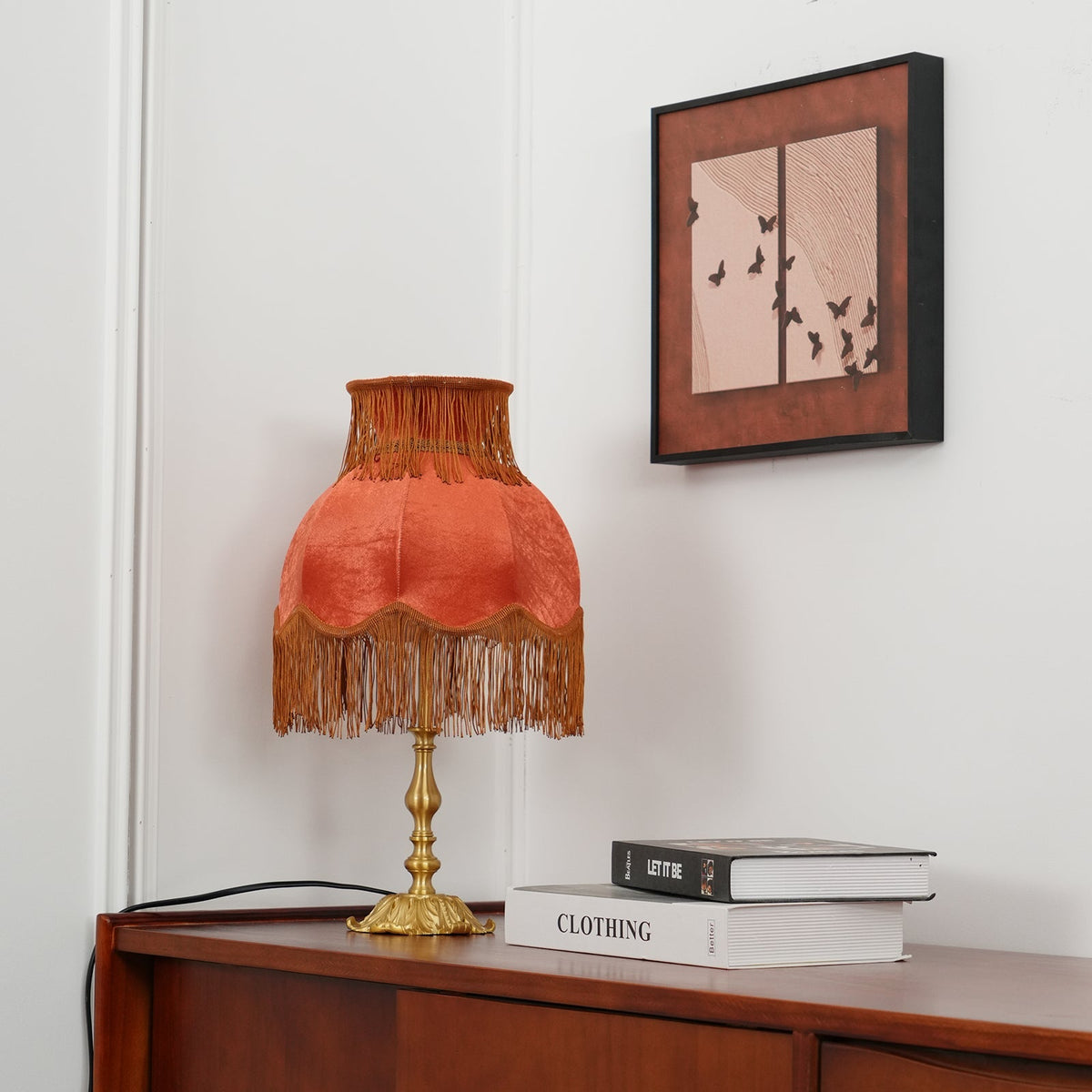 Bedside Lamp with Red Fabric Shade & Brass Base – Warm Ambient Light for Nightstand, Desk & Living Room – E26 Socket – 9.4 in Diameter