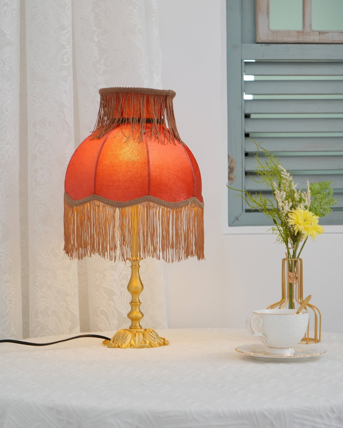Bedside Lamp with Red Fabric Shade & Brass Base – Warm Ambient Light for Nightstand, Desk & Living Room – E26 Socket – 9.4 in Diameter