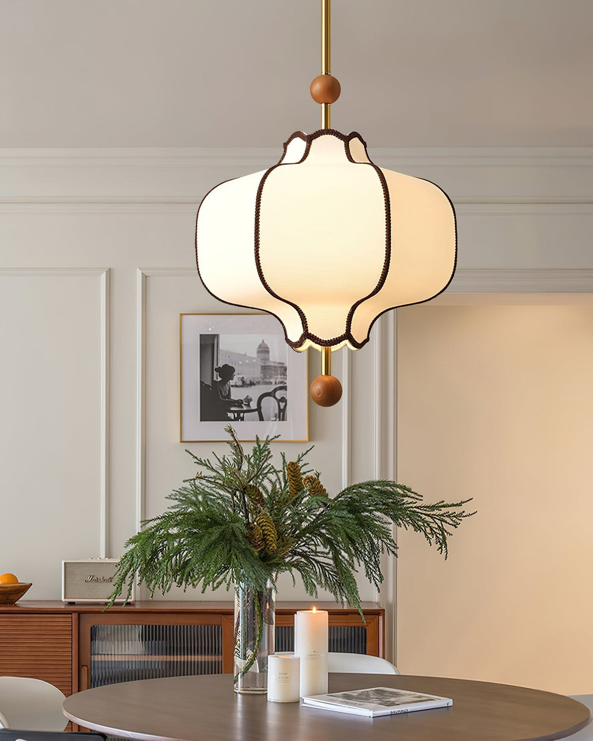 Multi-Bulb Hanging Ceiling Lantern in Wood & Fabric for Dining Room, Living Room & Entryway | Classic Drum Shade Chandelier with Adjustable