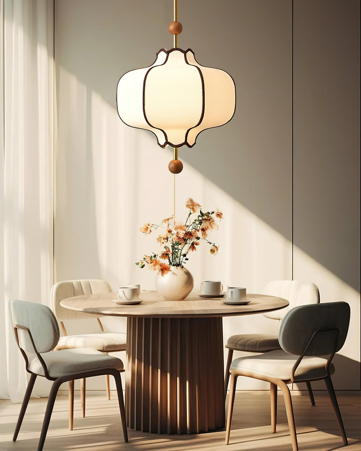 Multi-Bulb Hanging Ceiling Lantern in Wood & Fabric for Dining Room, Living Room & Entryway | Classic Drum Shade Chandelier with Adjustable