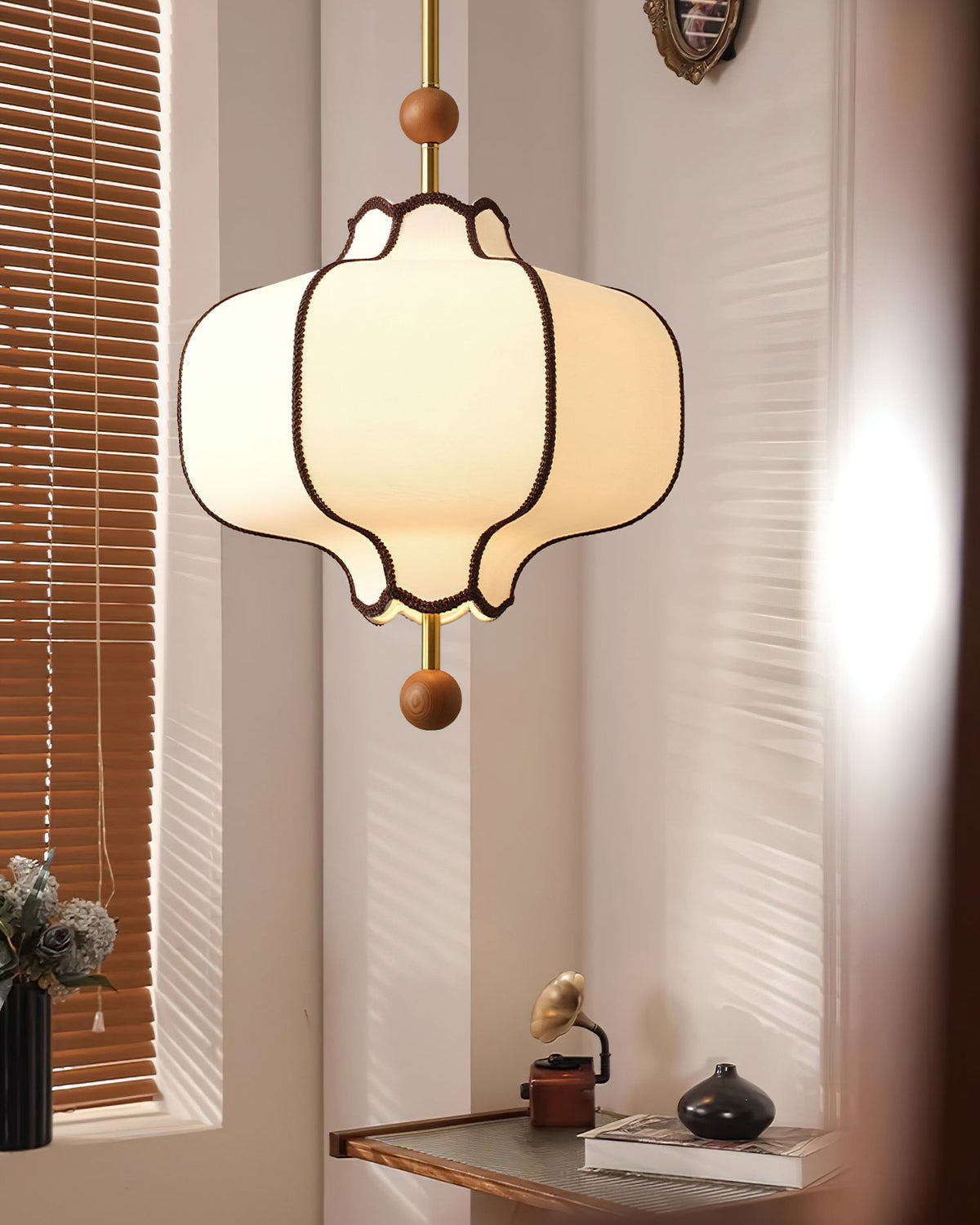 Multi-Bulb Hanging Ceiling Lantern in Wood & Fabric for Dining Room, Living Room & Entryway | Classic Drum Shade Chandelier with Adjustable