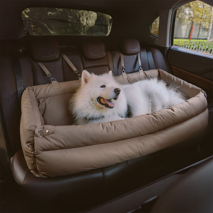 Elevated Pet Car Seat with Cushioned Bolsters for Medium to Large Dogs – Faux Leather Travel Booster Bed for SUVs & Sedans