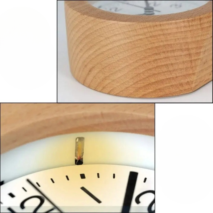 Wooden Alarm Clock with LED Nightlight Silent Non-Ticking Snooze Beechwood Bedside Desk Clock for Bedroom Office Kids