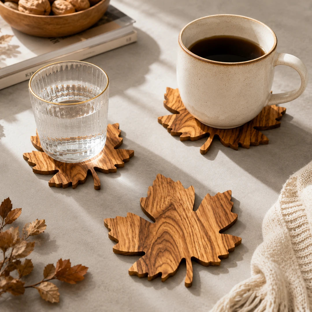 Sous-verres Lorien - Bois massif, design en forme de feuille, lot de 3