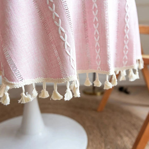 Nappe ronde Liora - 140 cm, microfibre, motif feuilles brodées