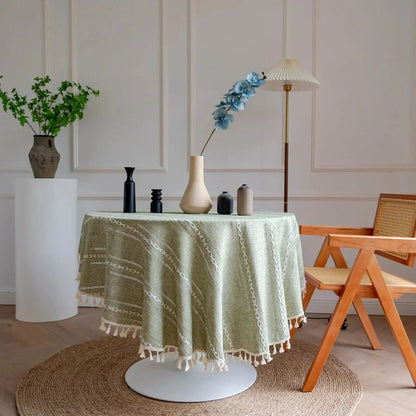 Nappe ronde Liora - 140 cm, microfibre, motif feuilles brodées