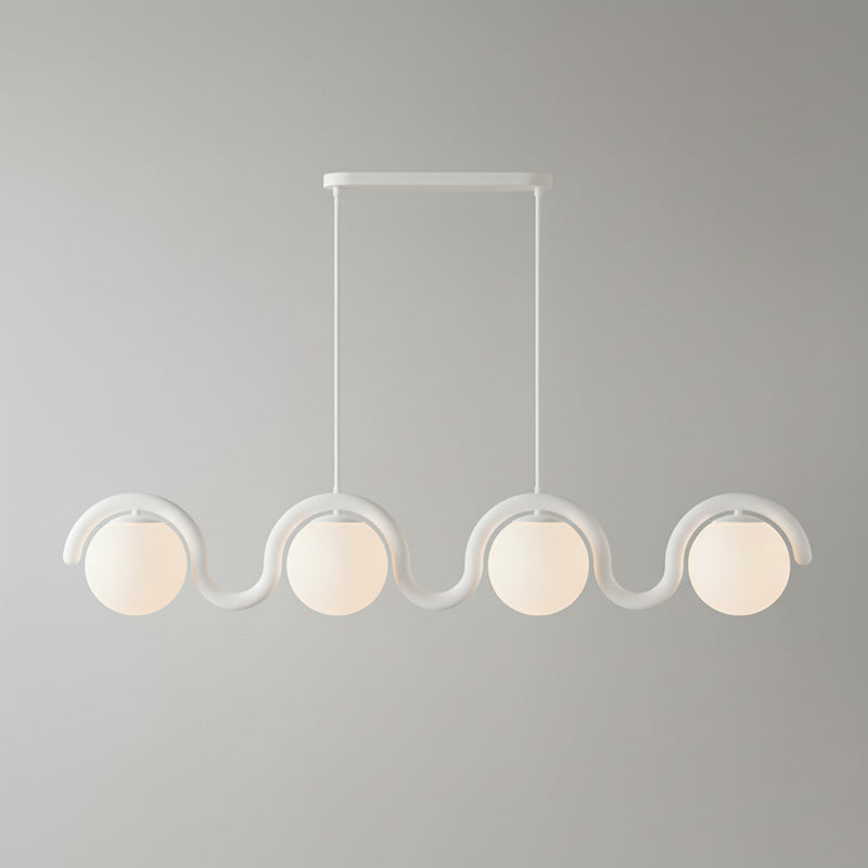 Modern Linear Chandelier with Curved Metal Frame & Glass Sphere – Art Nouveau Pendant Light for Dining Room