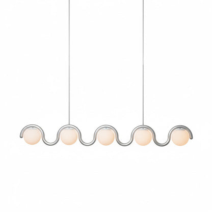 Modern Linear Chandelier with Curved Metal Frame & Glass Sphere – Art Nouveau Pendant Light for Dining Room