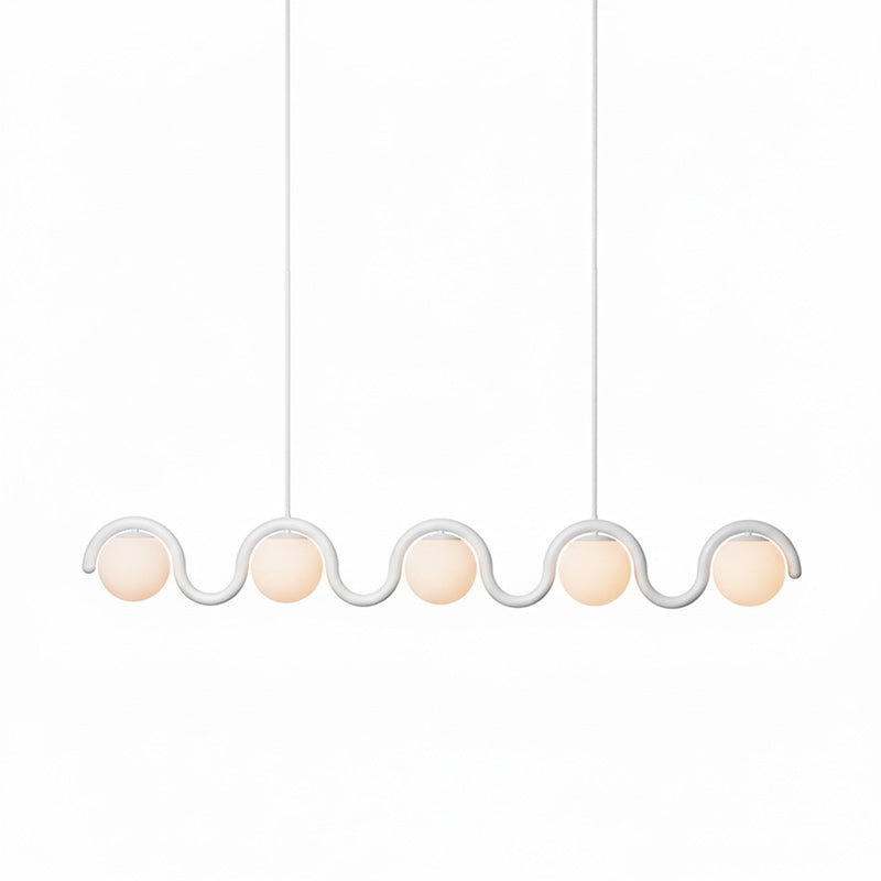 Modern Linear Chandelier with Curved Metal Frame & Glass Sphere – Art Nouveau Pendant Light for Dining Room