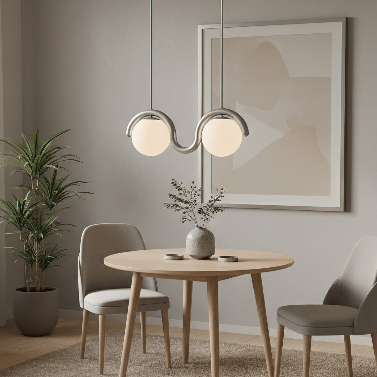 Modern Linear Chandelier with Curved Metal Frame & Glass Sphere – Art Nouveau Pendant Light for Dining Room