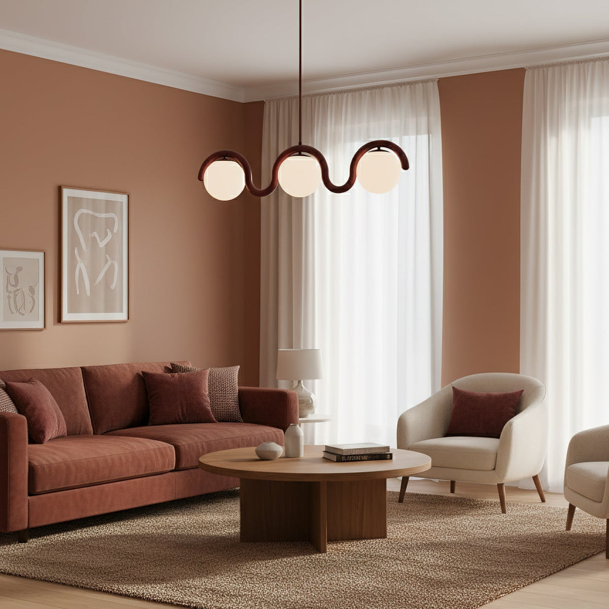 Modern Linear Chandelier with Curved Metal Frame & Glass Sphere – Art Nouveau Pendant Light for Dining Room