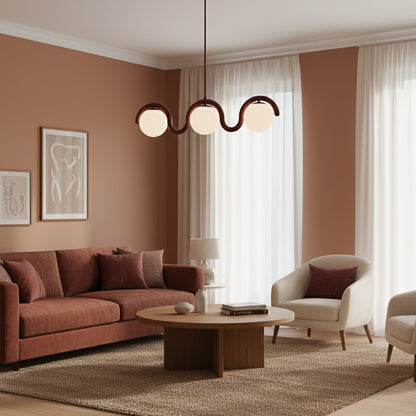 Modern Linear Chandelier with Curved Metal Frame & Glass Sphere – Art Nouveau Pendant Light for Dining Room