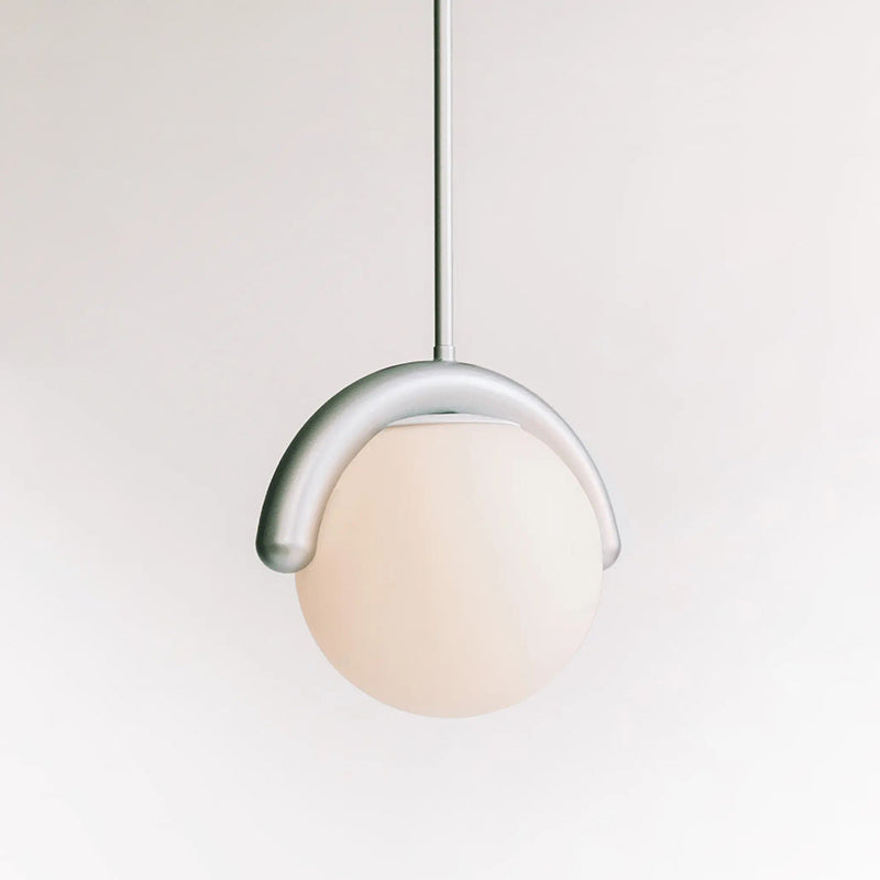 Modern Linear Chandelier with Curved Metal Frame & Glass Sphere – Art Nouveau Pendant Light for Dining Room