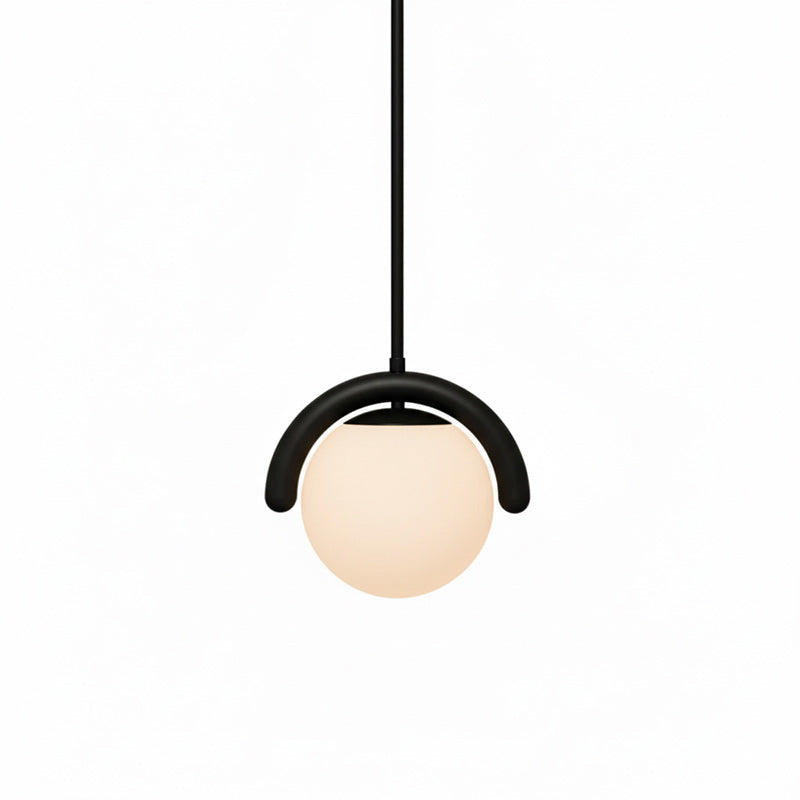 Modern Linear Chandelier with Curved Metal Frame & Glass Sphere – Art Nouveau Pendant Light for Dining Room