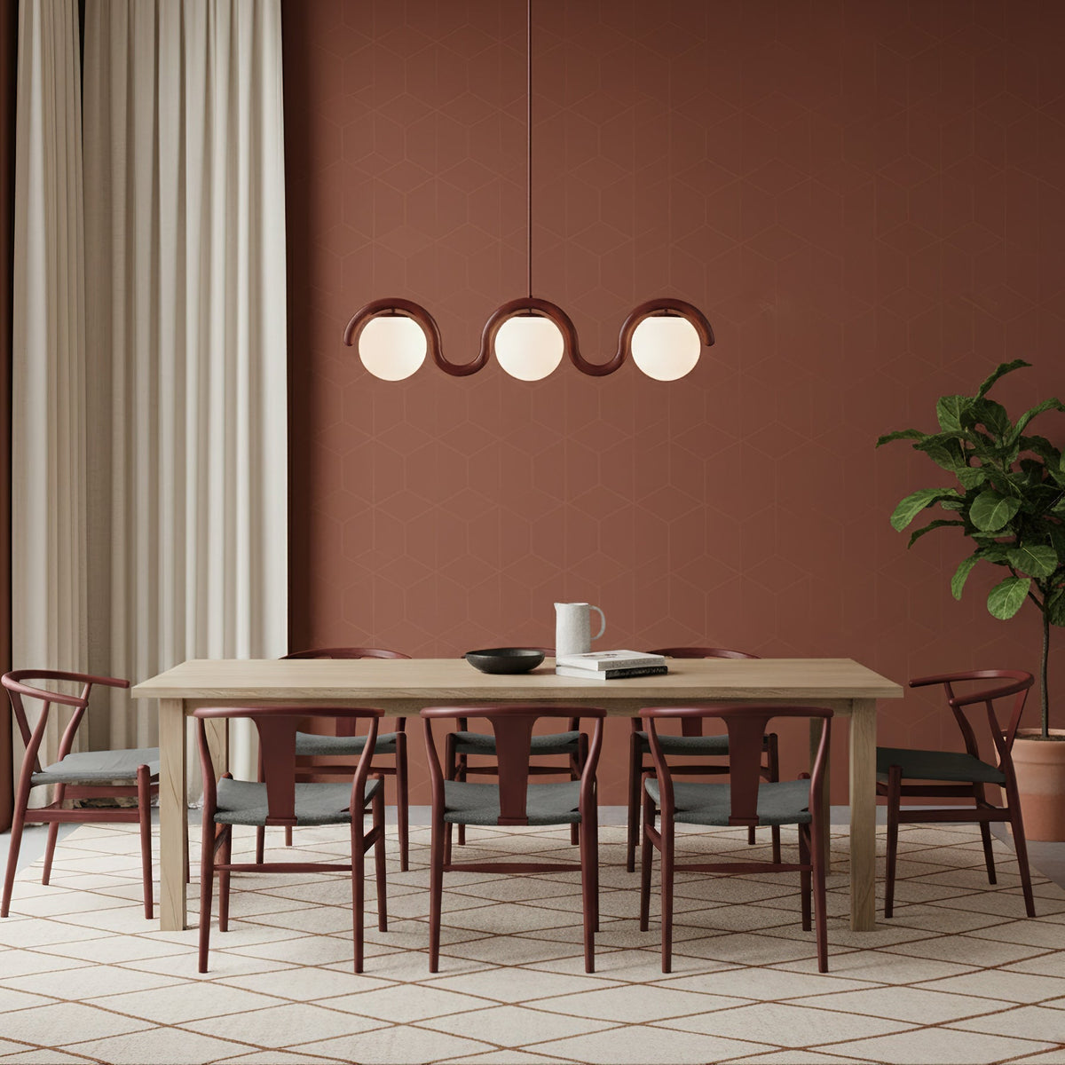Modern Linear Chandelier with Curved Metal Frame & Glass Sphere – Art Nouveau Pendant Light for Dining Room